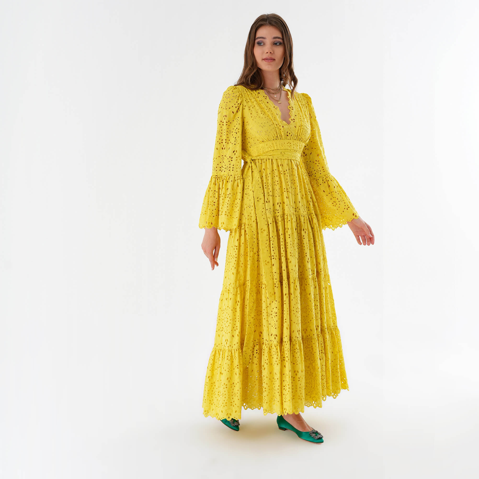 Elie Saab - Yellow Cotton Blend Embroidered Long Dress IT40